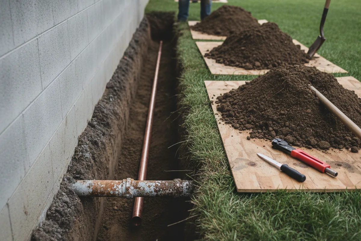 Excavated water line trench during Sewer Line Repair in New Oxford